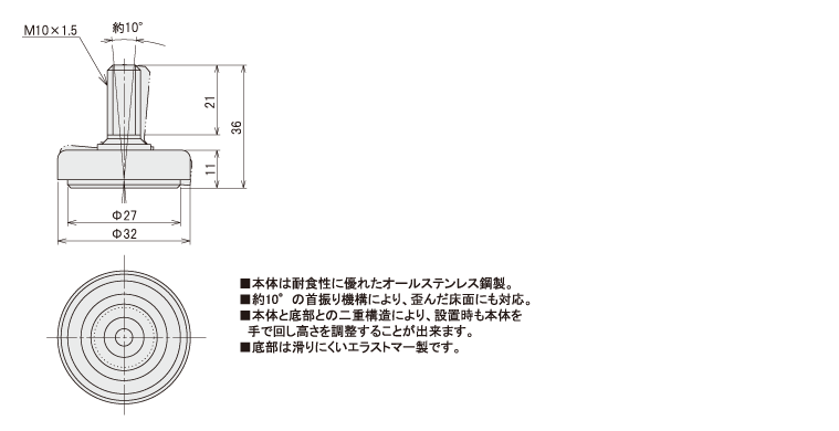 説明：ステンレス鋼製小型アジャスター