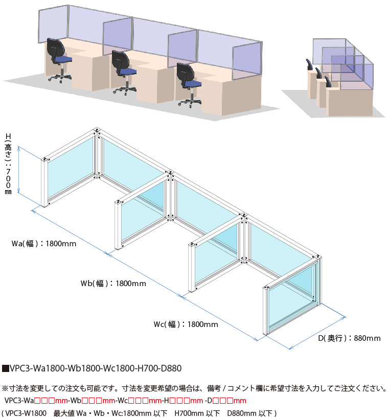 説明：VPC3-W1800　ビニールパーティションキット　コ型　3連結