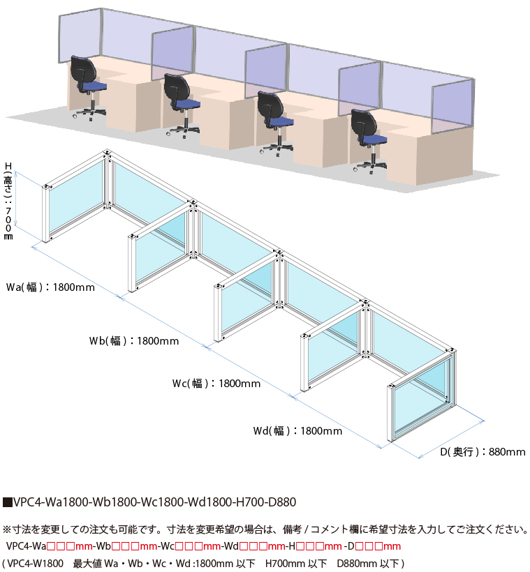 説明：VPC4-W1800　ビニールパーティションキット　コ型　4連結