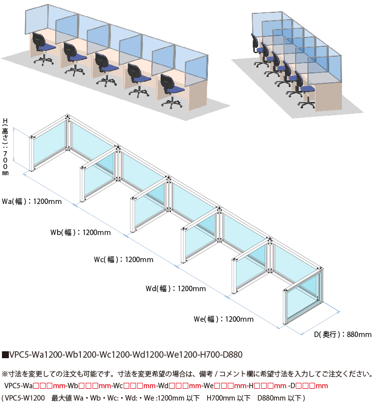 説明：VPC5-W1200　ビニールパーティションキット　コ型　5連結