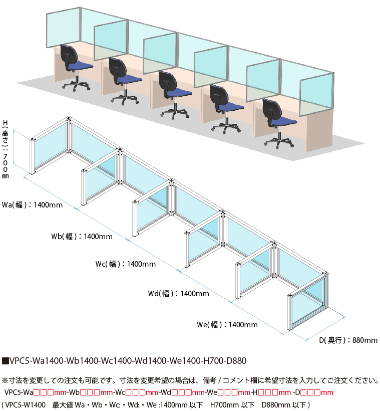 説明：VPC5-W1400　ビニールパーティションキット　コ型　5連結