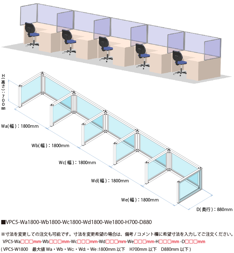 説明：VPC5-W1800　ビニールパーティションキット　コ型　5連結