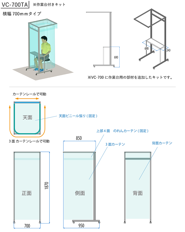 説明：簡易カーテンブースキット 作業台付き　【VC-700TA】